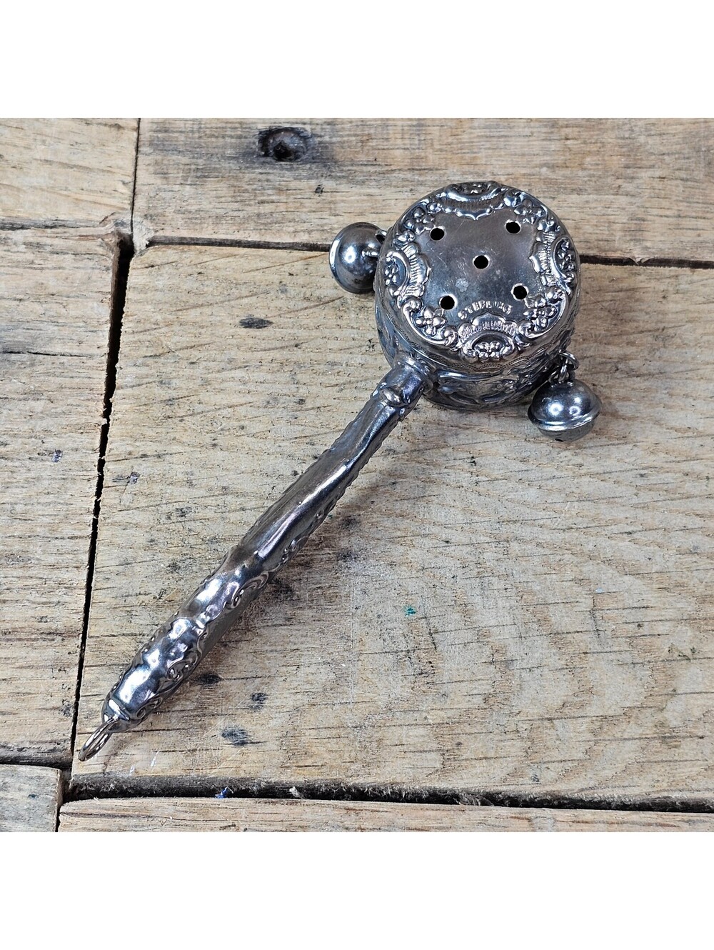 Antique Sterling Silver Baby Rattle Repousse Floral Bells Victorian Teether 19g